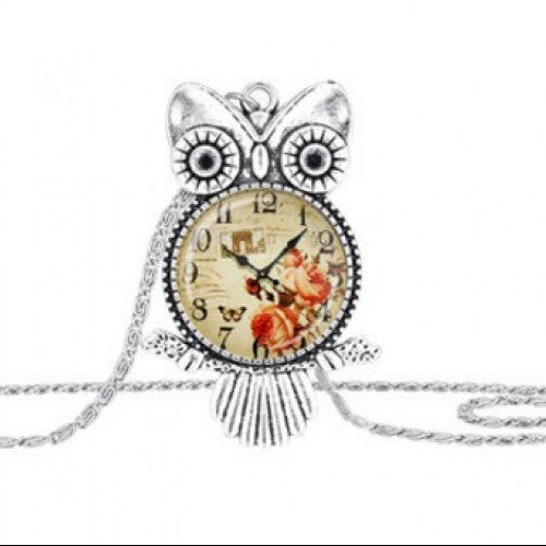 Antique Silver Insect Art Choker Women Jewelry 1pcs/lot Owl Pendant Silver Chain Gems Necklace and Flowers Steampunk Clock